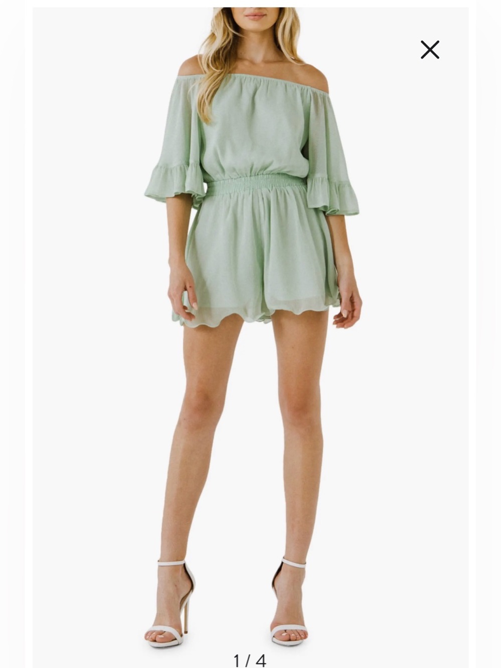 NWT- Endless Rose Off the Shoulder Ruffle Sleeve Romper, Mint, size Medium